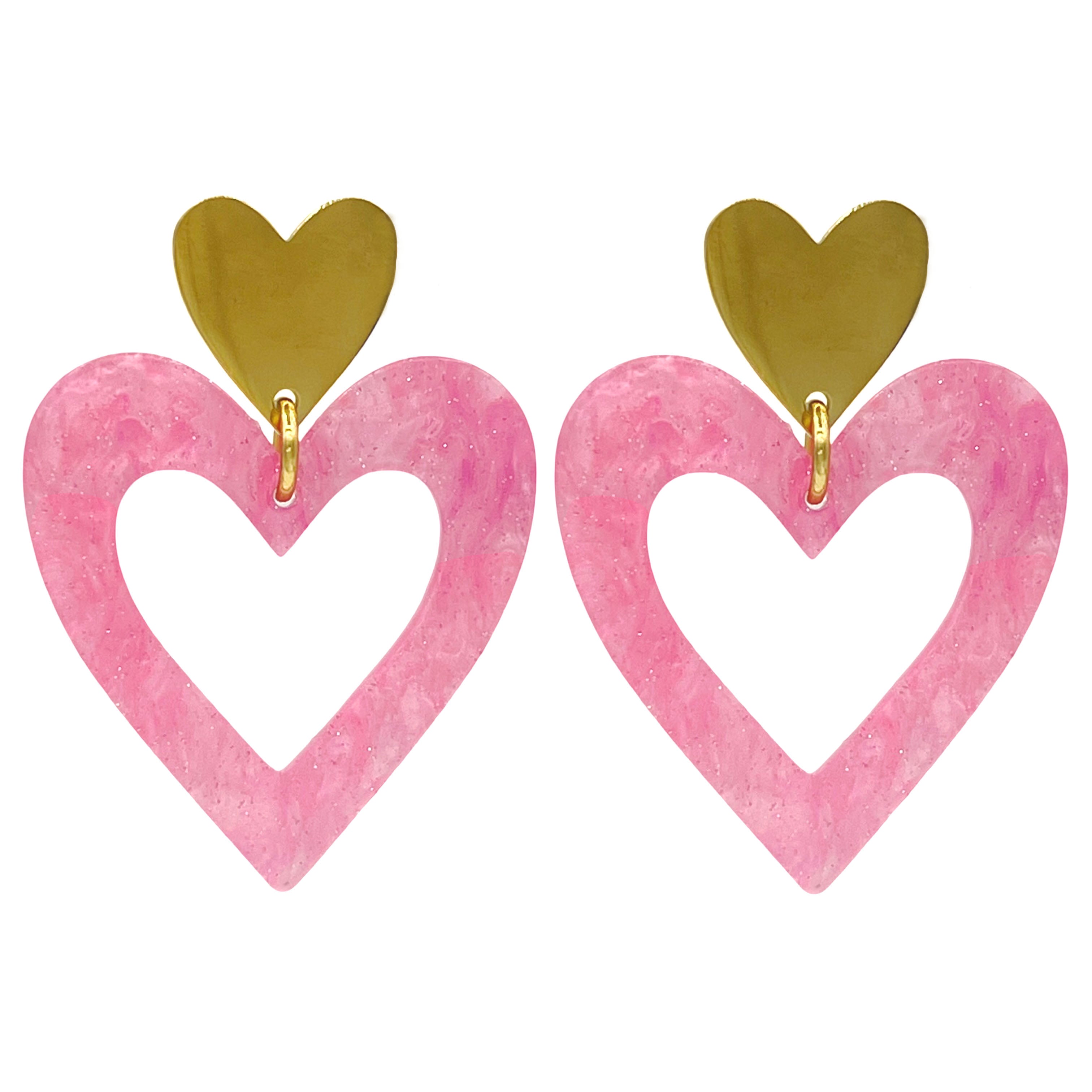 roze statement heart oorbellen - goud