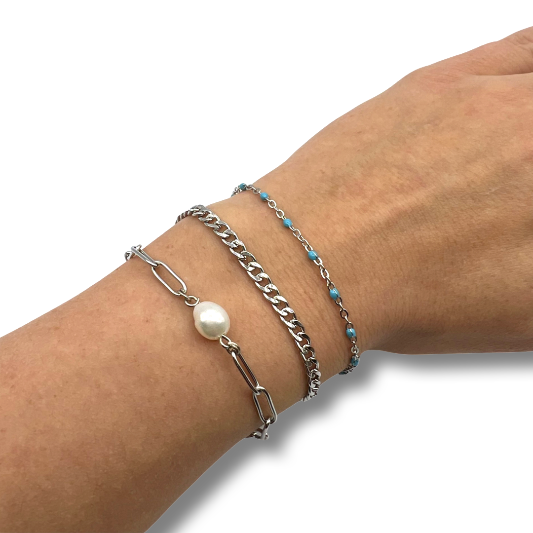 smooth chain pearl armband - zilver