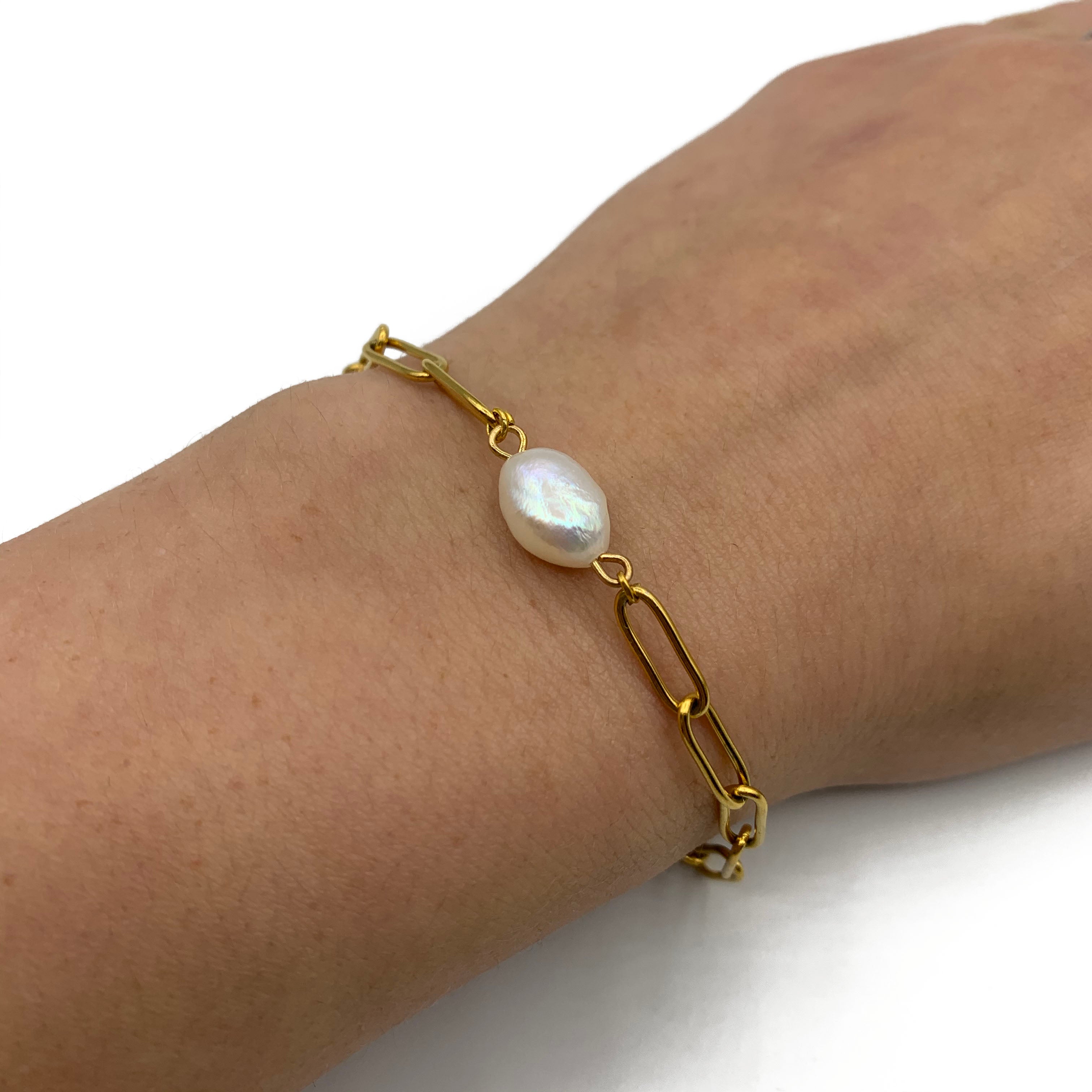 smooth chain pearl armband - goud
