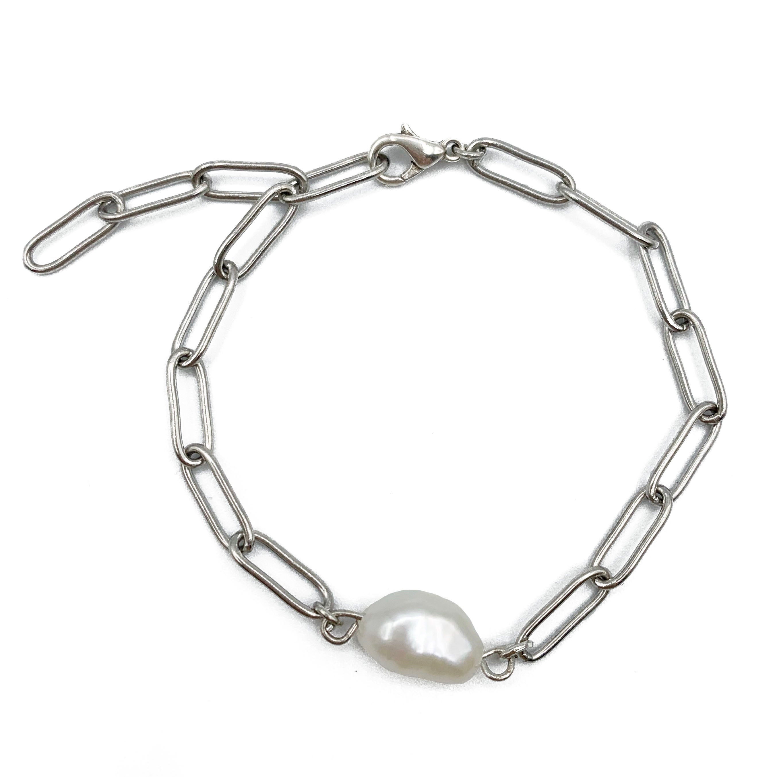 smooth chain pearl armband - zilver